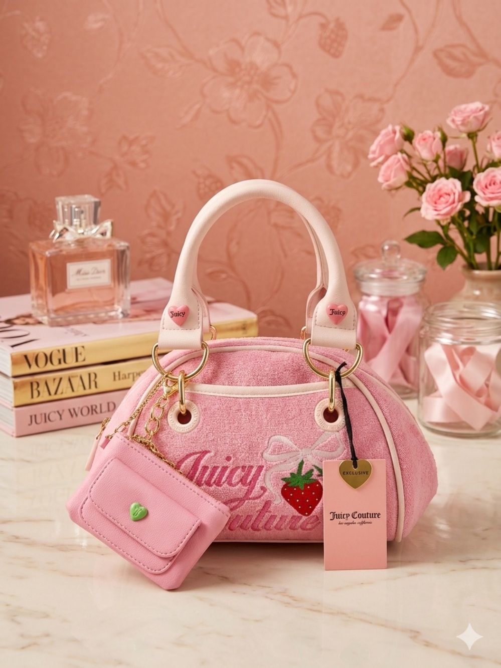 Juicy Couture Pink Strawberry Terry Satchel with Coin Pouch